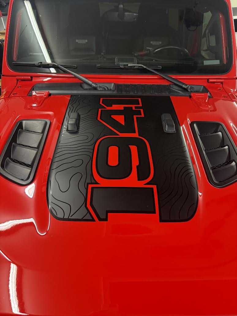 Open 1941 Topographical Red Line Rubicon Blackout Hood Decal- Fits Jeep Wrangler & Gladiator JL Hood Decal (3 Pieces)