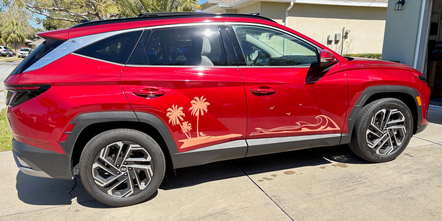 Hyundai Tuscon Side Palm Tree Beach Wave Decals-Hawaiian, California, Florida- Fits Hyundai Kona-Pair (6 Pieces)