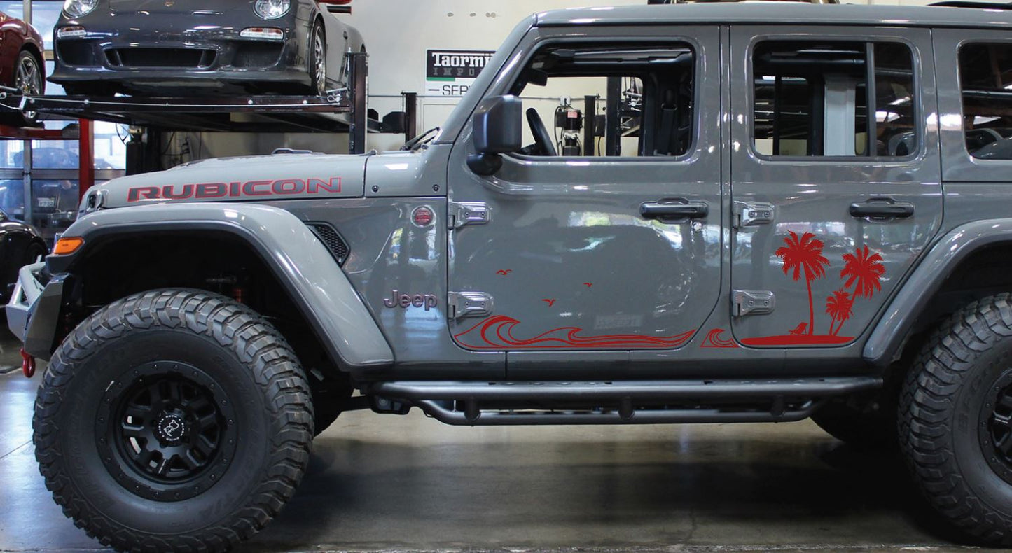 Jeep Side Palm Tree Beach Wave Decals-Hawaiian, California, Florida- Fits Jeep Wrangler & Gladiator JL Side Decal-Pair (8 Pieces)