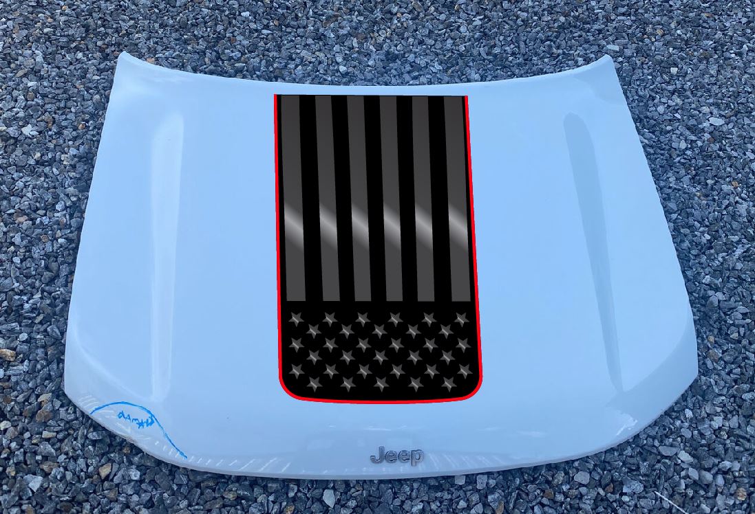 USA American Flag Accent Color Line Blackout Hood Decal- Grand Cherokee L WL Hood Decal (3 Pieces)