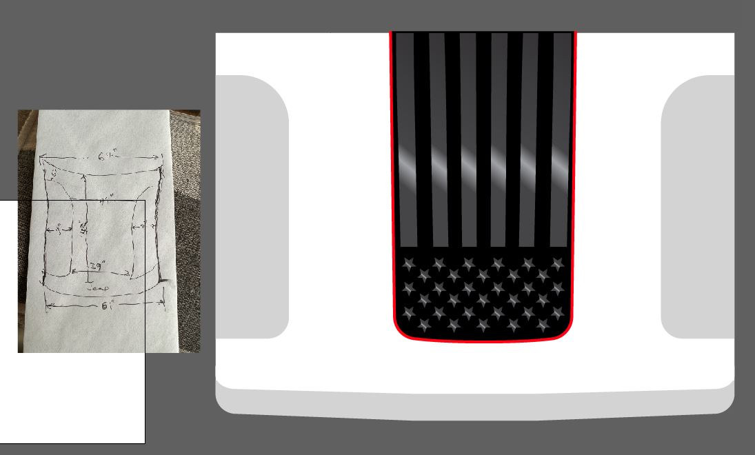 USA American Flag Accent Color Line Blackout Hood Decal- Grand Cherokee L WL Hood Decal (3 Pieces)