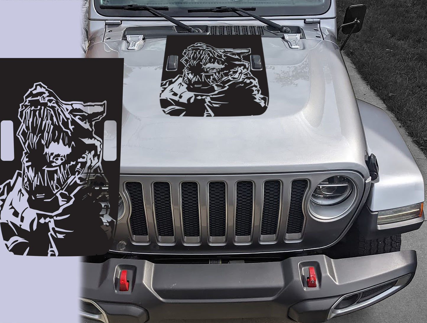 Robot Dinosaur Grim Lock Red Line Blackout Hood Decal- Fits Jeep Wrangler & Gladiator JL Hood Decal 2-Layer Decal