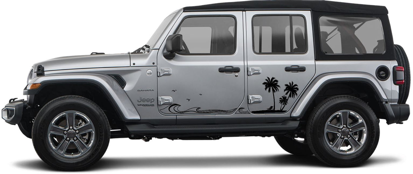 Jeep Side Palm Tree Beach Wave Decals-Hawaiian, California, Florida- Fits Jeep Wrangler & Gladiator JL Side Decal-Pair (8 Pieces)