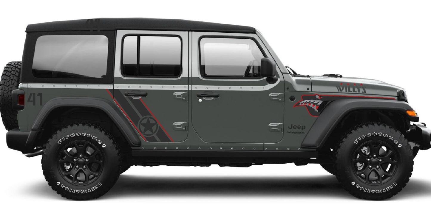 Army Star Double Stripe Red Color Line Rubicon Blackout Decal Set- fits 2018 and Newer Jeep Wrangler & 2020+ Gladiator