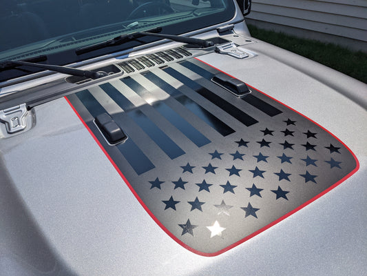 USA American Flag Red Line Rubicon Blackout Hood Decal- Fits Jeep Wrangler & Gladiator JL Hood Decal (3 Pieces)
