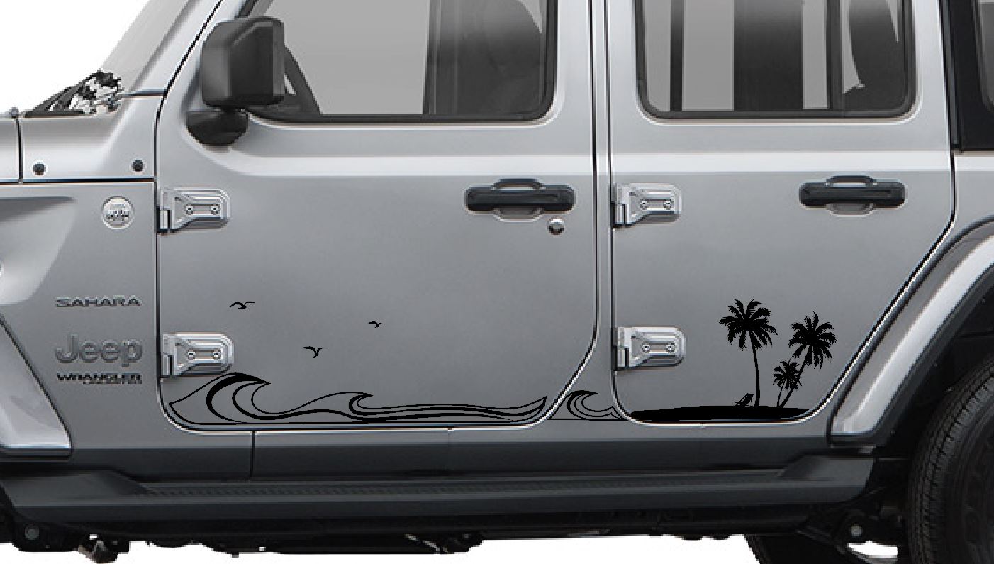 Jeep Side Palm Tree Beach Wave Decals-Hawaiian, California, Florida- Fits Jeep Wrangler & Gladiator JL Side Decal-Pair (8 Pieces)