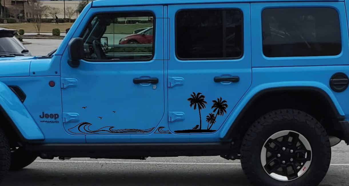 Jeep Side Palm Tree Beach Wave Decals-Hawaiian, California, Florida- Fits Jeep Wrangler & Gladiator JL Side Decal-Pair (8 Pieces)