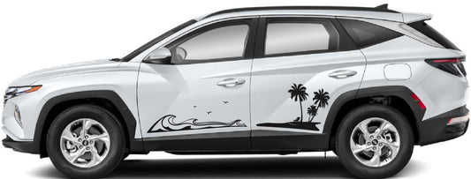 Hyundai Tuscon Side Palm Tree Beach Wave Decals-Hawaiian, California, Florida- Fits Hyundai Kona-Pair (6 Pieces)