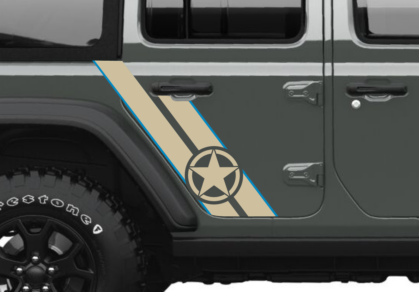 Army Star Double Stripe Color Line Rubicon Blackout Decal Set- fits 2018 and Newer Jeep Wrangler & 2020+ Gladiator