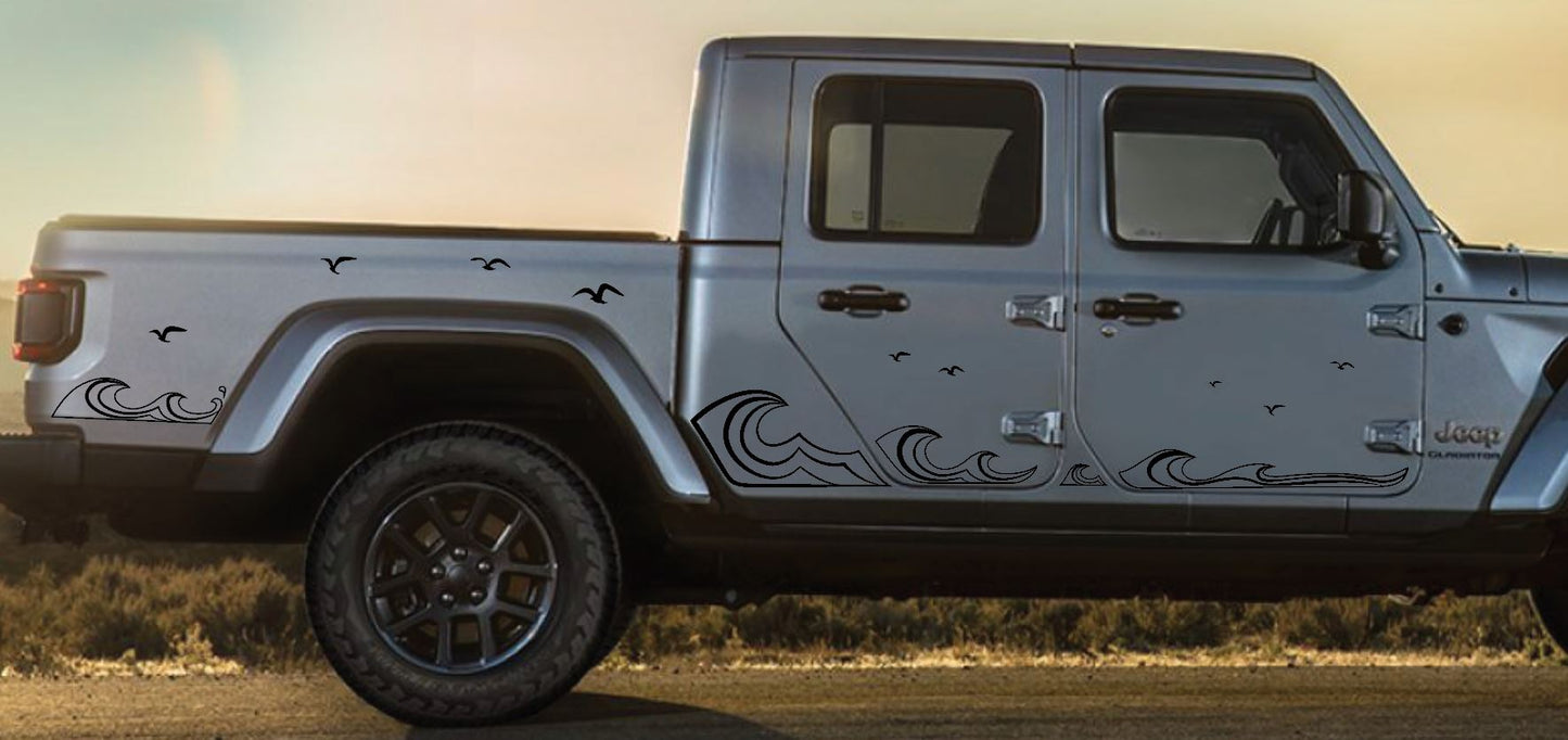 Jeep Gladiator Side Beach Wave Decals-Hawaiian, California, Florida- Fits Jeep Gladiator JL Side Decal-Pair (8 Pieces)