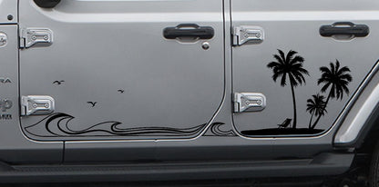 Jeep Side Palm Tree Beach Wave Decals-Hawaiian, California, Florida- Fits Jeep Wrangler & Gladiator JL Side Decal-Pair (8 Pieces)