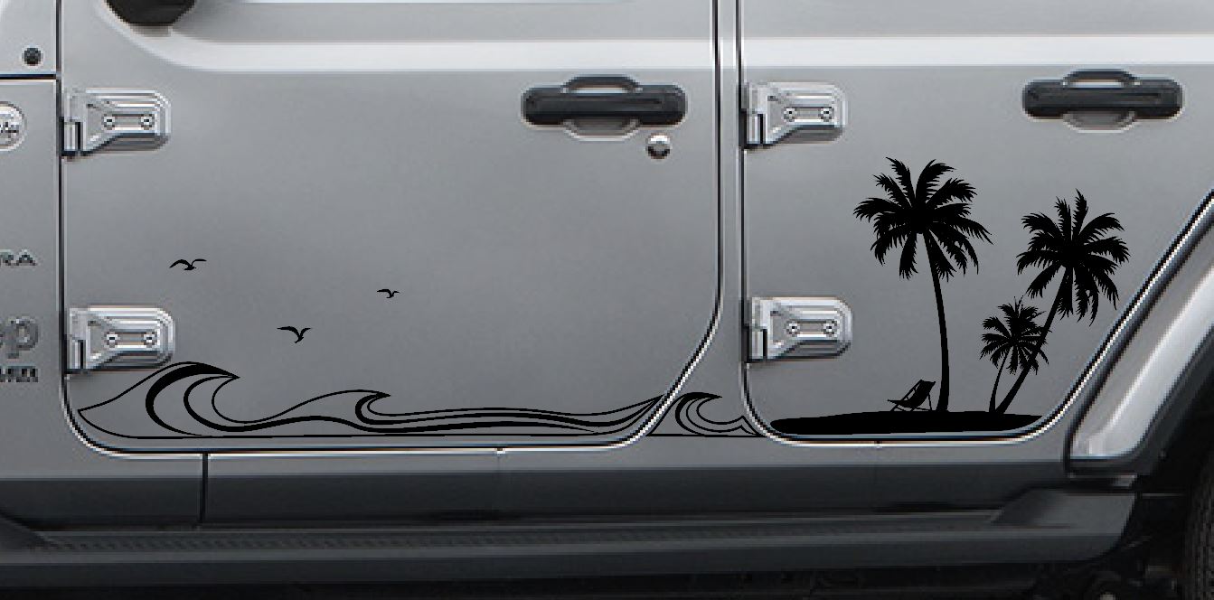 Jeep Side Palm Tree Beach Wave Decals-Hawaiian, California, Florida- Fits Jeep Wrangler & Gladiator JL Side Decal-Pair (8 Pieces)