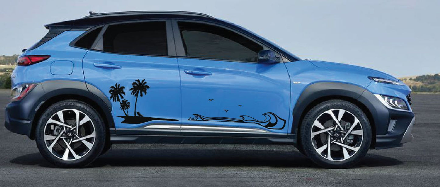 Hyundai Kona Side Palm Tree Beach Wave Decals-Hawaiian, California, Florida- Fits Hyundai Kona-Pair (6 Pieces)
