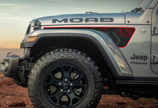 Long Accent Color Topographical Red Line Rubicon Blackout Decal- Fits Jeep Wrangler & Gladiator JL Fender Vent Decal-Pair