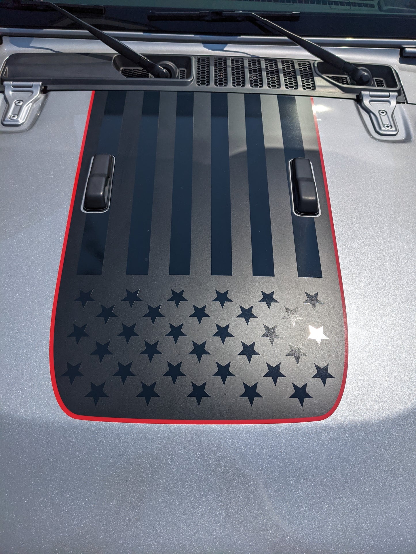 USA American Flag Red Line Rubicon Blackout Hood Decal- Fits Jeep Wrangler & Gladiator JL Hood Decal (3 Pieces)