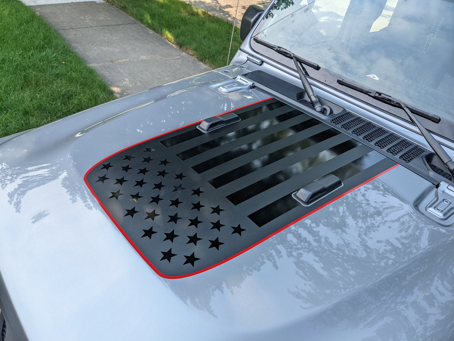 USA American Flag Red Line Rubicon Blackout Hood Decal- Fits Jeep Wrangler & Gladiator JL Hood Decal (3 Pieces)