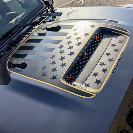 392/Mojave USA American Flag Accent Line Rubicon Blackout 3 Layer Hood Decal- Fits Jeep Wrangler 392 & Gladiator Mojave Hood Decal