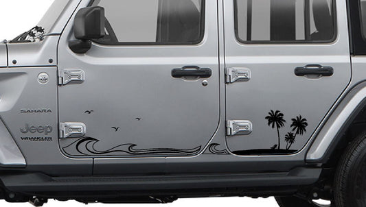 Jeep Side Palm Tree Beach Wave Decals-Hawaiian, California, Florida- Fits Jeep Wrangler & Gladiator JL Side Decal-Pair (8 Pieces)