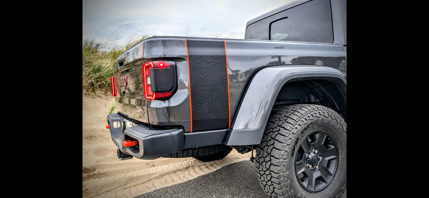 Topographical Red Line Rubicon Blackout Bed Stripe Decal Set- fits 2020 and Newer Jeep Gladiator & Trucks