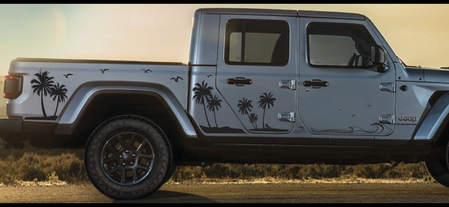 Jeep Gladiator Side Palm Tree Beach Wave Decals-Hawaiian, California, Florida- Fits Jeep Gladiator JL Side Decal-Pair (8 Pieces)