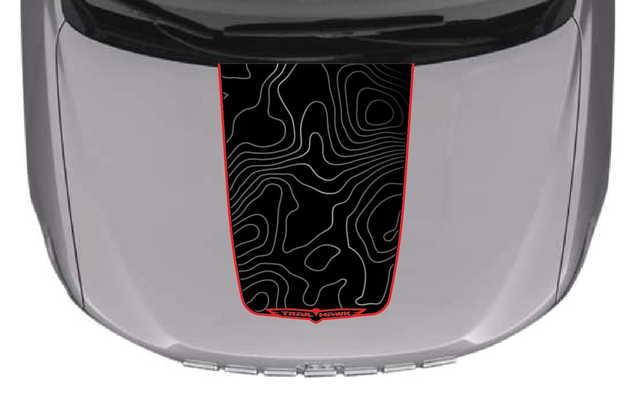 Cherokee Trailhawk Topographical Red Line Blackout Hood Decal- Fits Jeep Cherokee 2019+ (3 Pieces)